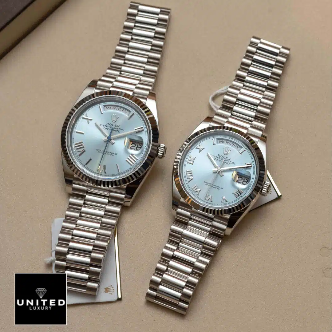 Rolex Day Date Ice Blue Grooved Inspired 3 Rolex Day Date Perpetual 228236 Ice Blue Dial Inspired on the table