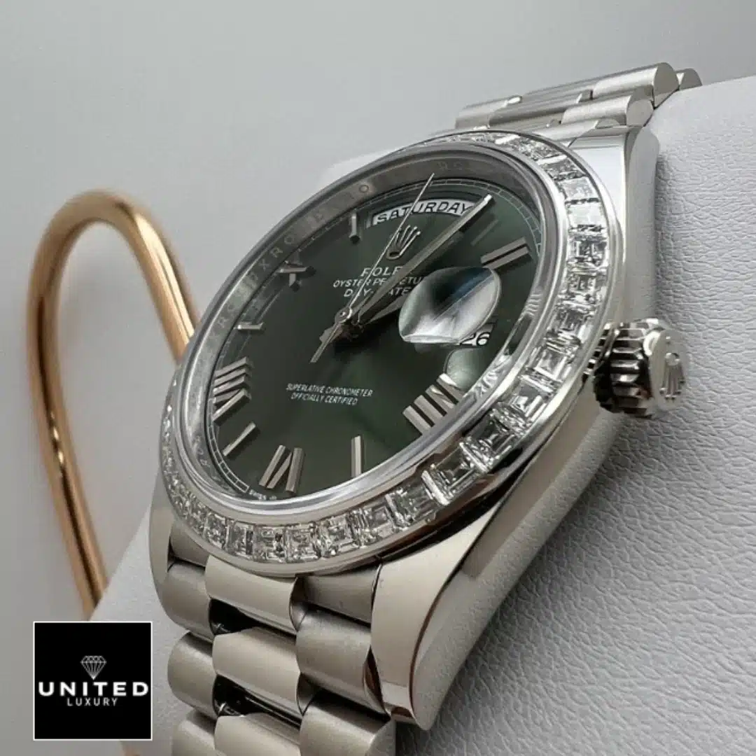 Rolex Day Date Olive Diamond Inspired 5 Rolex Day Date 228349RBR Inspired Right Side Stainless Steel Crown Pusher