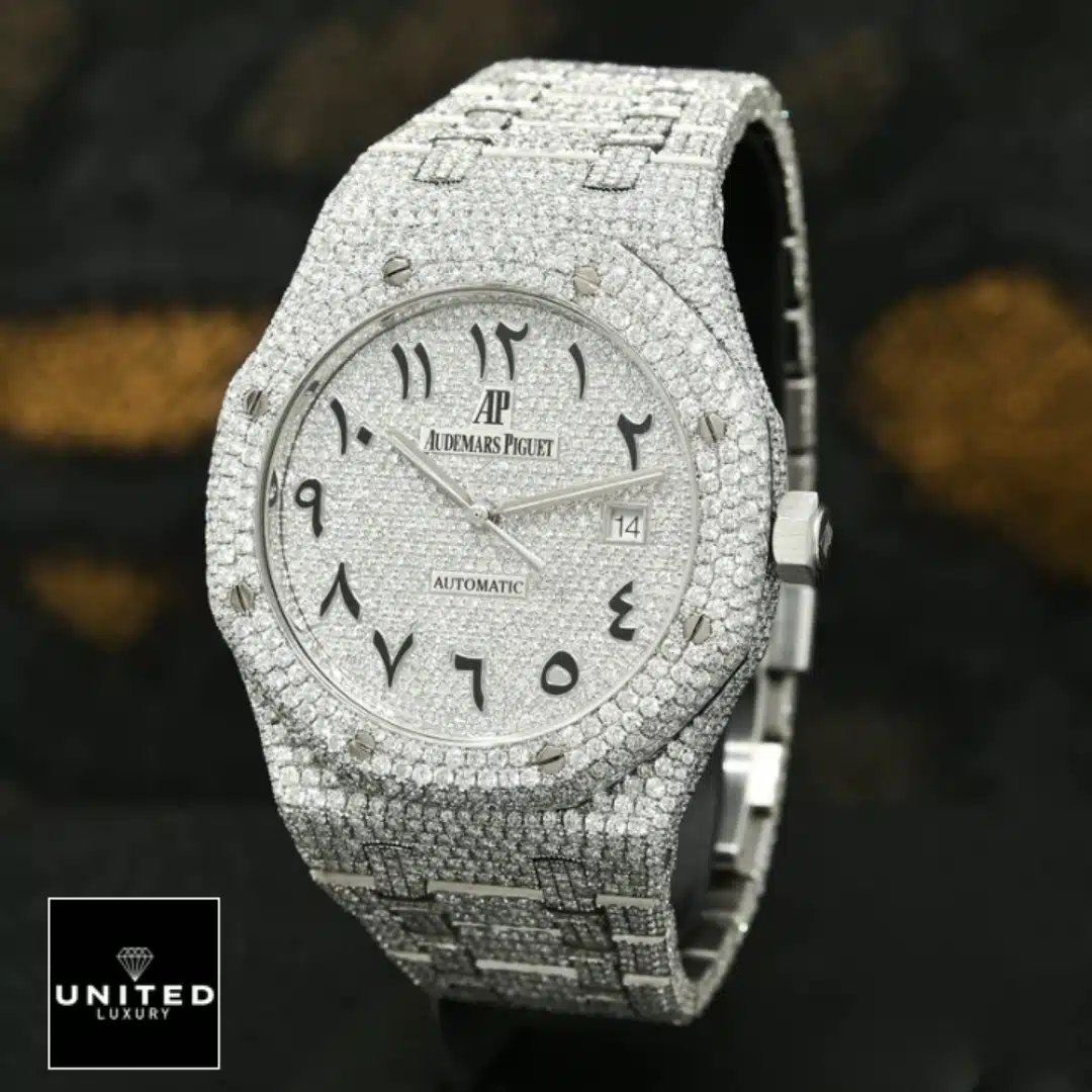 Diamond AP Watch Inspired 4 AP Royal Oak 15500ST.OO.1220ST.04 Inspired Full Iced Out black background