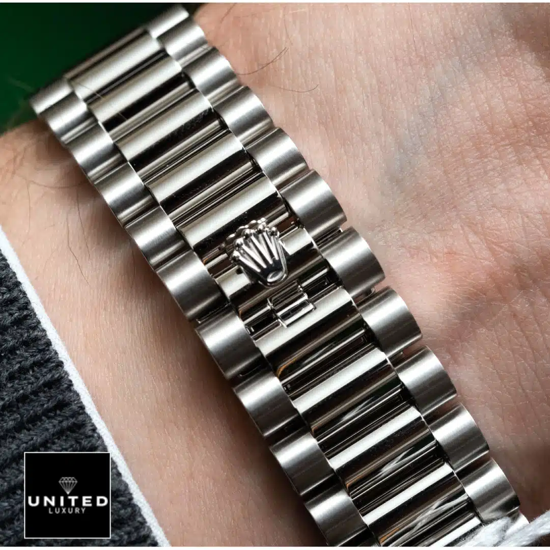 Rolex Day Date Ice Blue Grooved Inspired 5 Rolex Day Date Perpetual 228236 Inspired Stainless Steel Oyster Bracelet on the Rolex logo