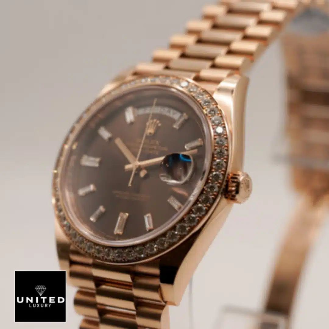 Rolex Day-Date 228345RBR Chocolate Dial Diamond Bezel Inspired 5 Rolex Day-Date 40 Rose Gold Crown Pusher 228345RBR Inspired