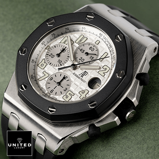 Audemars Piguet Royal Oak White Dial Black Bezel Inspired dark green background