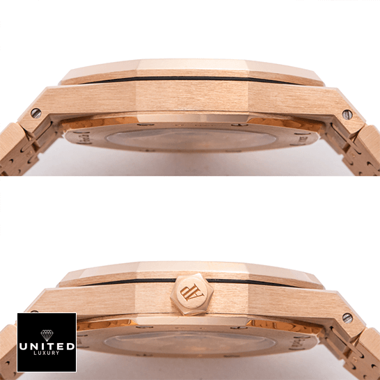 Audemars Piguet Royal Oak Gold Inspired crown side view white background