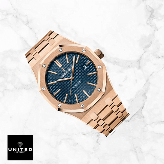 Audemars Piguet Royal Oak Pink Gold Blue Dial Inspired white ceramic background