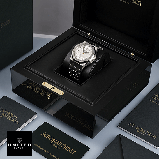 Audemars Piguet Royal Oak White Dial Inspired in the box next to warranty card