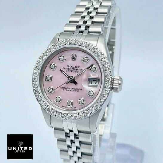 Rolex Datejust Pink Diamond Dial Jubilee Inspired on the white stand