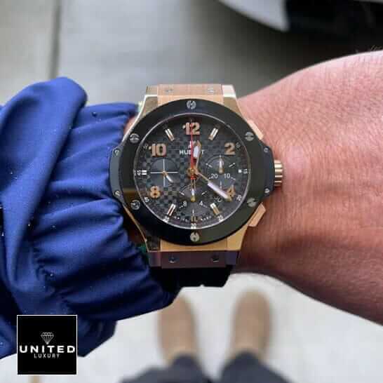 Hublot Big Bang Steel Rose 301.PB.131.RX Inspired 6 Hublot Big Bang Gold Case Black Bezel Inspired red second hand on the wrist