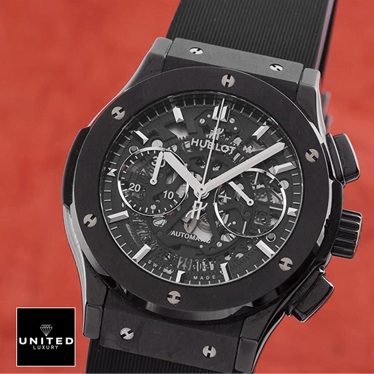 Hublot Big Bang Black Dial Steel Case Inspired crown / push button red background