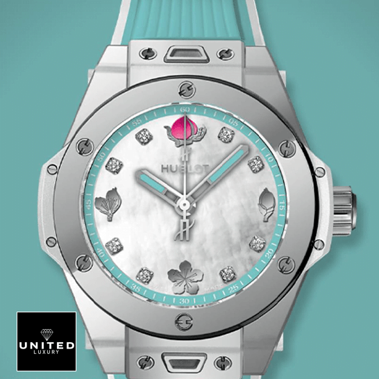 Hublot Big Bang One Click White Dial Blue Rubber Bracelet Inspired blue background
