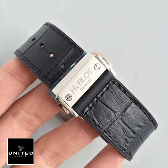 Hublot Geneve Classic Fusion Leather Black Bracelet Inspired on the hand grey background