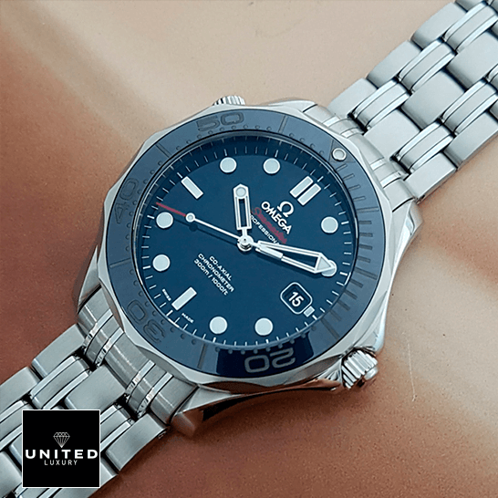 Omega Blue Dial Seamaster Co Axial 300m Steel Inspired cream background