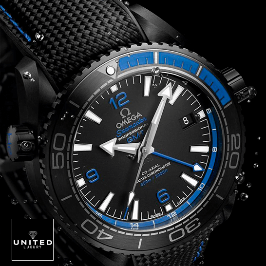 Omega Seamaster Planet Ocean Black Dial Blue Bezel Inspired black background