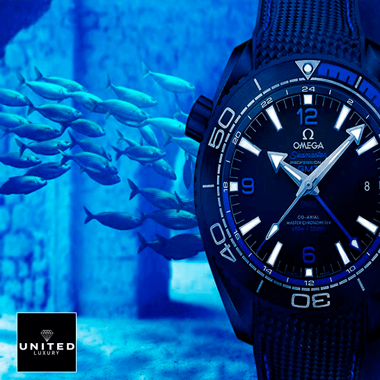Omega Seamaster GMT Planet Ocean Black Dial Inspired ocean background