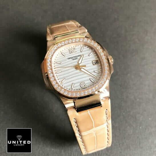 Patek Philippe Geneve 7010 Diamond Bezel Leather Bracelet Inspired grey background