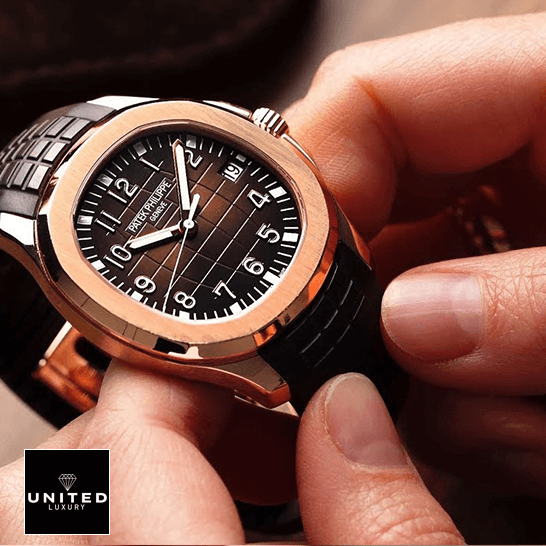 Patek Philippe Aquannaut Rose Gold Bezel Brown Rubber Bracelet Inspired on the hand