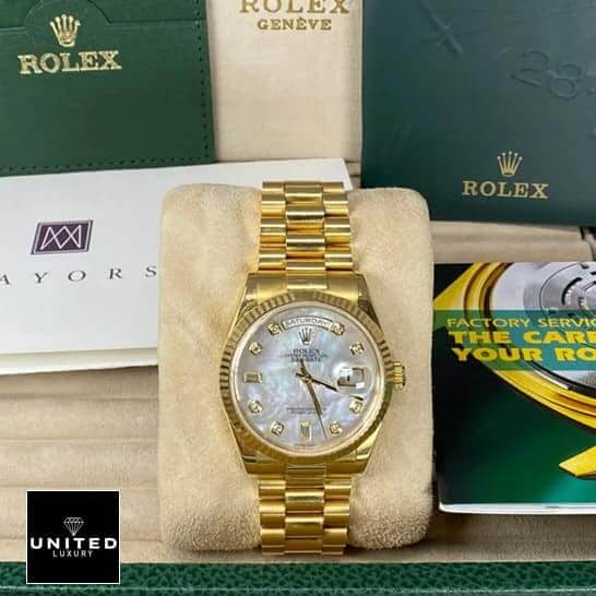 Rolex Day-Date 128238 Yellow Gold Mother Of Pearl Dial Inspired 3 Rolex Day Date Mop 128238 Inspired warranty card and instruction manual