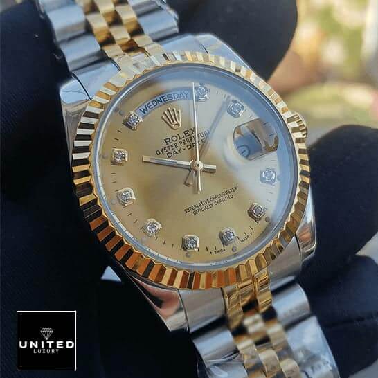 Rolex Day-Date 128238 Yellow Gold With Diamond Dial Inspired 4 Rolex Day-Date 128238 MOP Silver Case Inspired side posture on hand