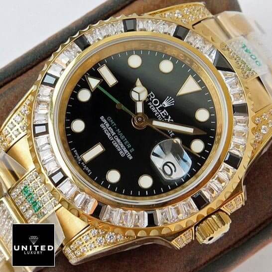 Rolex GMT-Master II 116748SANR Yellow Gold Black Dial Iced Out Inspired