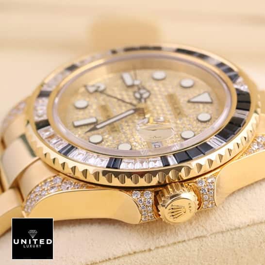 Rolex GMT-Master 116758SA Yellow Gold & Diamond Case Inspired Button & Crown Pusher