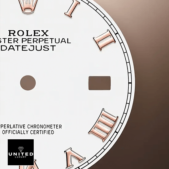 Rolex Datejust 126231LC Steel Gold Roman White Dial Inspired dial close view