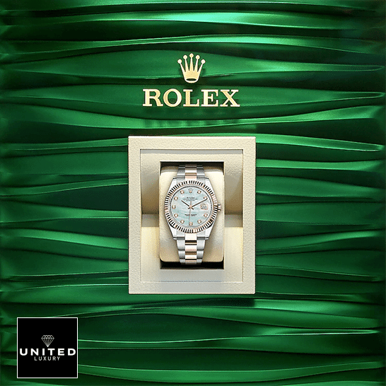 Rolex Datejust 41 126331-0013 Mother Of Pearl Inspired in the Box and Green wave background