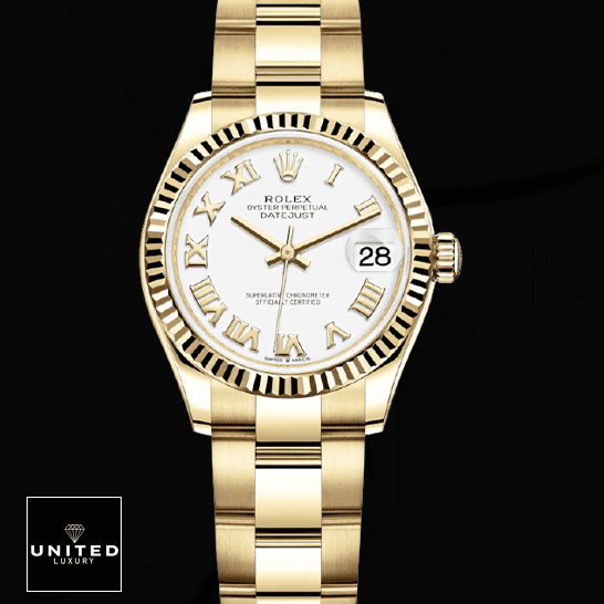 Rolex Datejust 278278 White Dial & Yellow Gold Fluted Bezel Inspired Black Background
