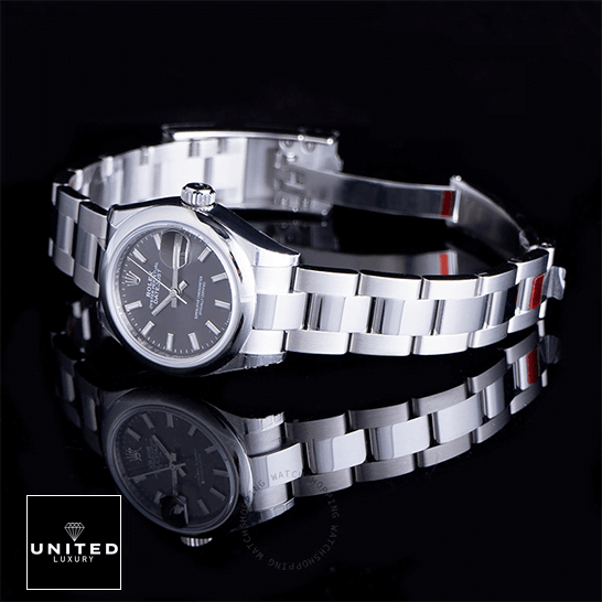 Rolex Datejust 279160 Grey Dial Oyster Inspired side view & black background