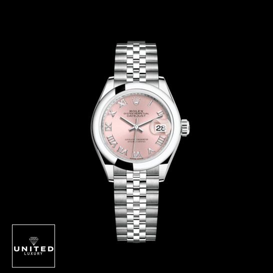 Rolex Lady-Datejust Pink 279160-0013 Stainless Steel Jubilee Inspired Black Background