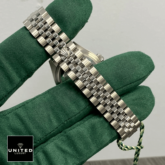 Rolex Datejust 279384RBR Inspired Stainless Steel Jubilee Bracelet on the Rolex logo
