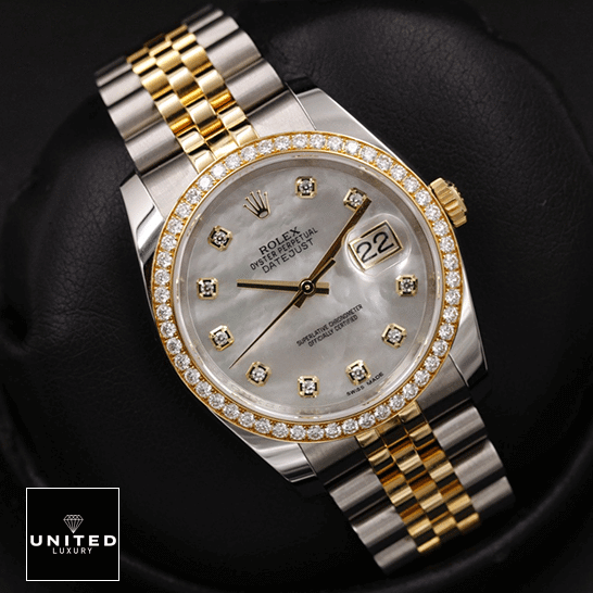 Rolex Datejust 116243 Diamond Dial Jubilee Inspired on the black stand