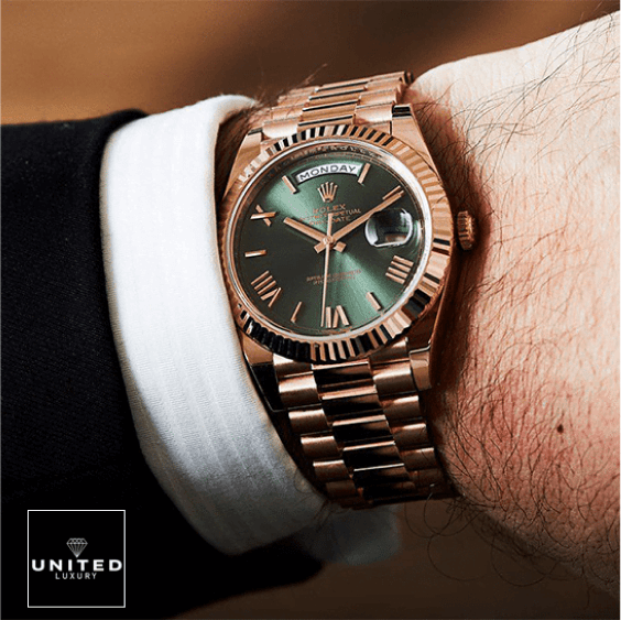 rolex day date rose gold preside hand