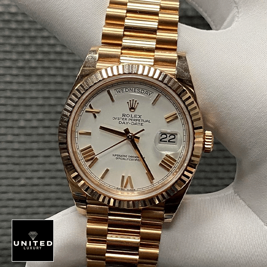 Rolex Day-Date 228235 Roman Gold Oyster Bracelet Inspired on the hand