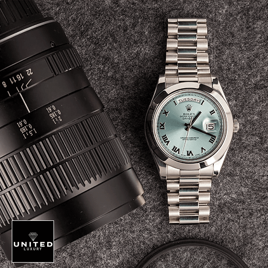 Rolex Day-Date II Stainless Steel Ice Blue Roman Dial 218206 Inspired photo shoot