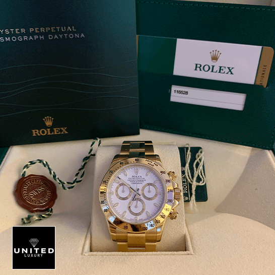 Rolex Daytona 116528 Yellow Gold White Dial Oyster Inspired & Guarantee Card in the Rolex Box