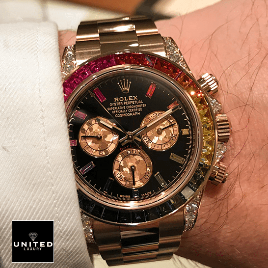 Rolex Daytona Cosmograph Rainbow Bezel Black Dial 116519 Oyster Inspired on his hands
