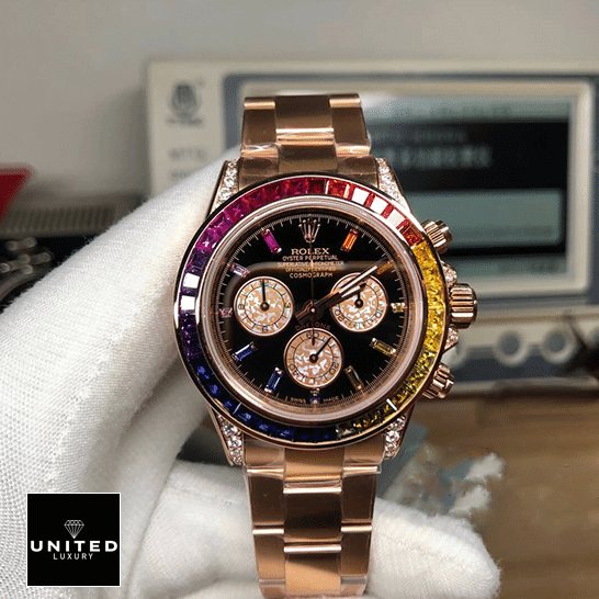 Rolex Daytona Cosmograph Rainbow Crystals Bezel 116519 Inspired on the hands