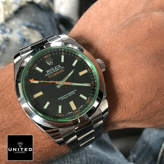Rolex Milgauss M116400GV Green Crystal Stainless Steel Oyster Inspired on his arm