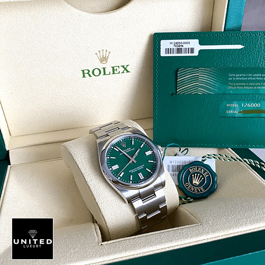 Rolex Oyster Perpetual 126000 Green Dial Inspired & Guarantee Card in the Rolex Box