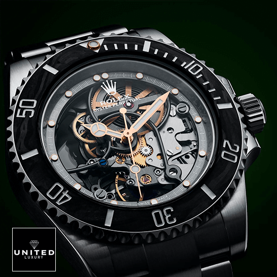 Rolex Skeleton Dial Steel 114200 Inspired black background