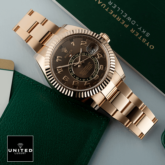 Rolex Sky-Dweller Chocolate Dial Rose Gold 326935-0003 Oyster Inspired on the table