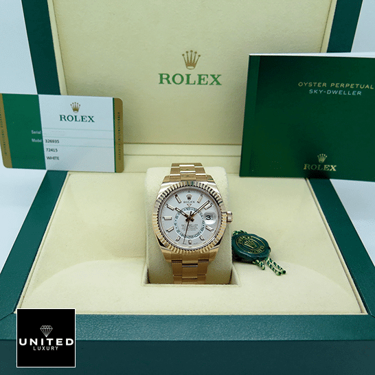 Rolex Sky-Dweller Rose Gold White Dial 326935-0005 Oyster Inspired & Guarantee Card in the Green Rolex Box