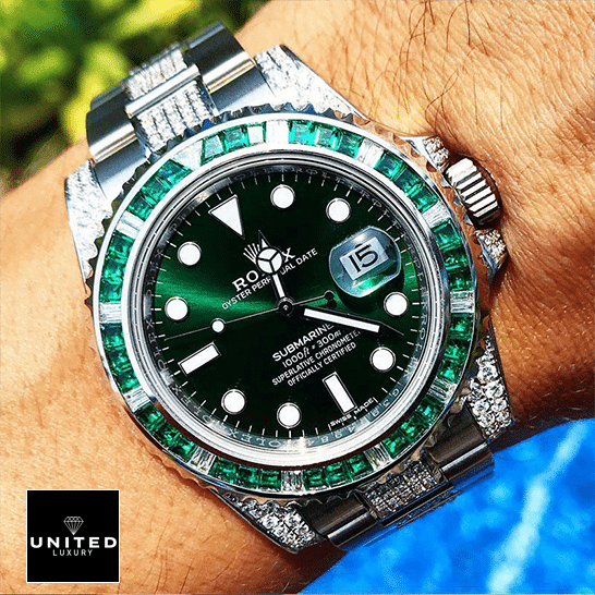 Rolex Submariner Hulk 116610LV Gem-Set Bezel Iced Out Inspired on his arm