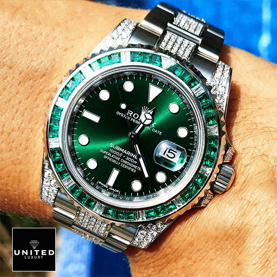 Rolex Submariner Hulk 116610LV Diamond Green Dial Iced Out Inspired on his arm