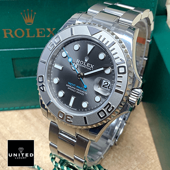 Rolex Yacht Master 268622 Steel Platinum Grey Dial Inspired next to box