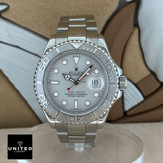 Rolex Yacht Master Platinum White Dial Inspired on the stand