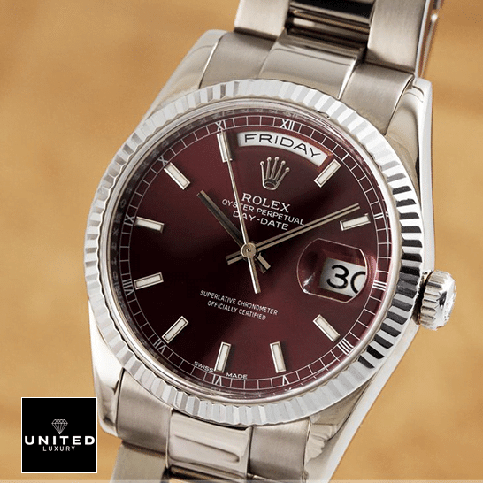 Rolex Day-Date 36 White Gold 118239-0304 Inspired 6 Rolex day-date purple dial oyster bracelet replica brown background