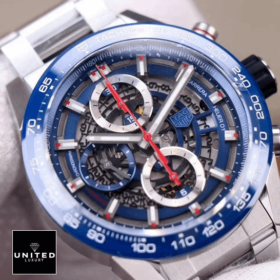 Tag Heuer Blue Bezel Red Second Hand Steel Bracelet Inspired close view