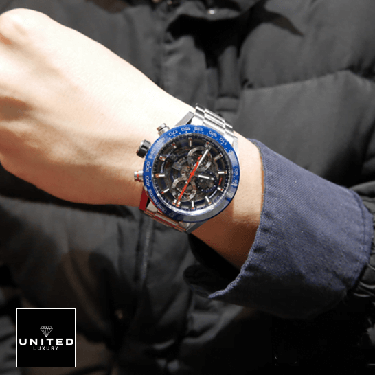 Tag Heuer Carrera Blue Bezel Black Dial Red Second Hand Inspired on the wrist