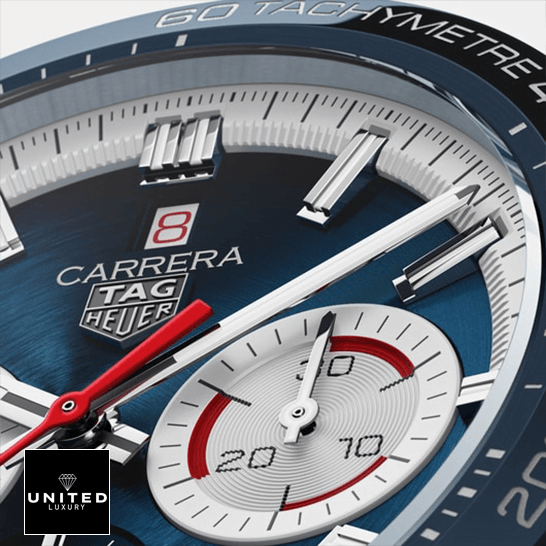Tag Heuer Carrera Blue Dial Red Second Han Tachymetre Blue Bezel Inspired close view